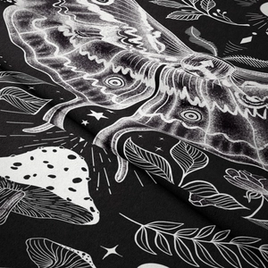 Bohemian black wall tapestry with butterfly mushroom pattern and celestial star detail