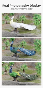Detailed view of three realistic peacock resin figurines in white, blue and green colors
