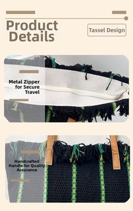 Detail of beach tote showing black tassels, durable metal zipper, and brown leather handle