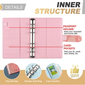 Detailed inner structure of pink A6 binder with card slots and stainless steel rings