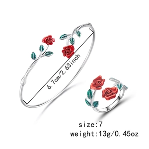 Detail showing red enamel rose bracelet and ring set with dimensions and weight info