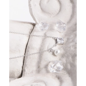 Elegant S925 silver necklace featuring a square zircon and white round pearl pendant