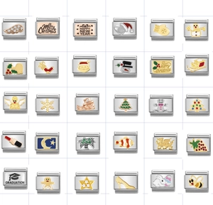 Detailed grid of 9mm stainless steel Italian charms with enamel and rhinestone designs