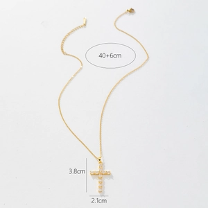 Detail showing cross pendant dimensions 3.8x2.1cm on gold necklace with zircon inlays