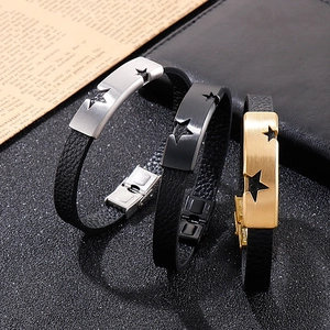 Three men's leather bracelets with hollow star stainless steel plates in gold, silver, and black