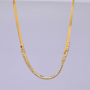 Gold plated stainless steel herringbone necklace with cubic zirconia link accent