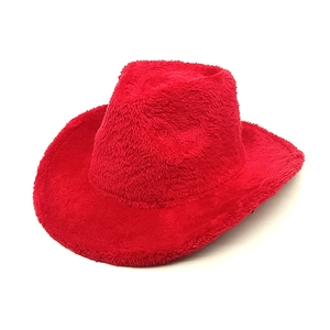 Close-up of red faux rabbit fur western cowboy hat featuring soft plush texture