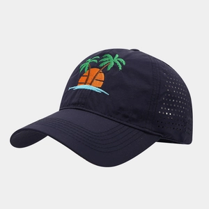 Detail showing side laser-cut ventilation holes on navy blue quick-dry baseball cap