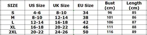 Tableau des tailles pour robe dégradée avec mesures US, UK et EU détaillées en cm