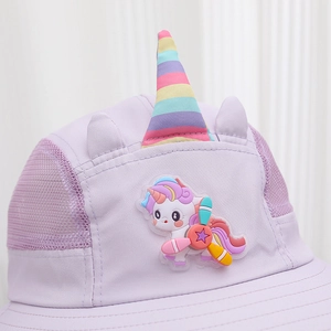 Breathable purple unicorn sun hat for girls with cartoon horn and mesh fabric