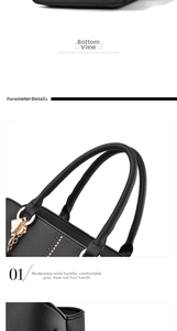 Detail of black PU leather tote with reinforced bottom and golden ring hardware