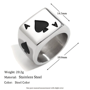 Men's stainless steel Ace of Spades poker ring with dimensions and weight specs