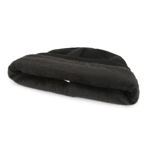 Winter thermal black knitted beanie with thick faux fur lining for outdoor warmth