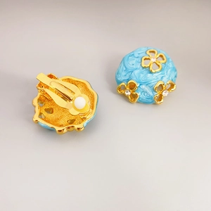 French vintage light blue enamel flower clip-on earrings with gold trim and crystals