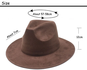Detailed size specifications of brown wide brim fedora hat with 57-58cm head circumference