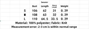 Size chart for three-quarter sleeve knit sweater featuring chest, length, and sleeve measurements