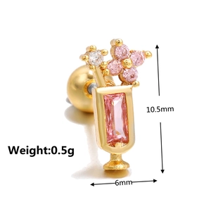 Macro view of 0.5g cocktail cup piercing stud with pink zircon and 10.5mm height