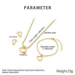 Detailed specs of golden stainless steel heart jewelry set with necklace and bracelet