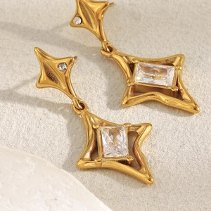 Elegant 18K gold-plated stainless steel star drop earrings with rectangle zircon crystals