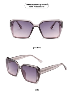 Detail view of square sunglasses with transparent grey frame and pink gradient lenses