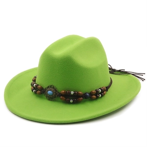 Green wool fedora hat with ethnic beaded band and turquoise stone in 45-degree view