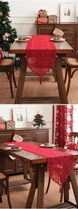 Detail showing the red lace Christmas table runner with intricate patterns and tassels