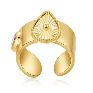 Detailed view of gold plated open ring with teardrop motif and radiant texture accents