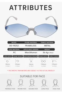 Detailed size chart for frameless diamond cut sunglasses showing frame and lens measurements