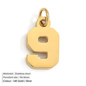 Macro detail of number 9 stainless steel charm available in 14K gold and silver 9x14mm