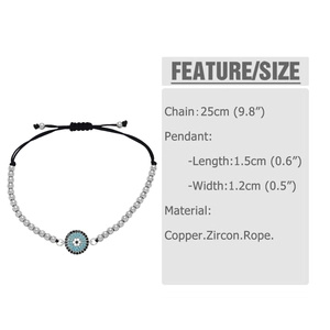 Detailed view of evil eye bracelet showing 25cm adjustable length and zircon copper charm