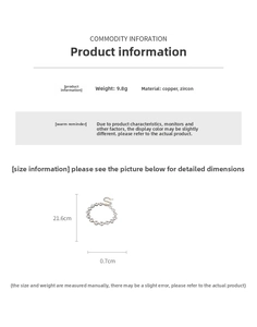 Size guide for heart-shaped zircon bracelet with copper material and weight details