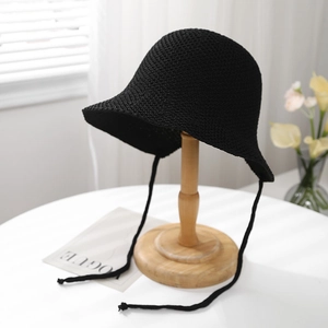 Chapeau de soleil en tricot noir respirant en coton et lin avec cordons décoratifs