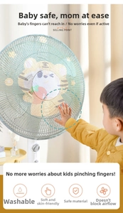 Detail of baby safety fan cover with fine mesh and cartoon lion to prevent finger injury