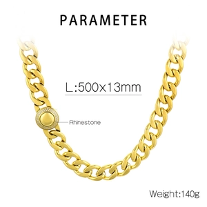Detailed view of 13mm gold Cuban link necklace with rhinestone buckle and 500mm length