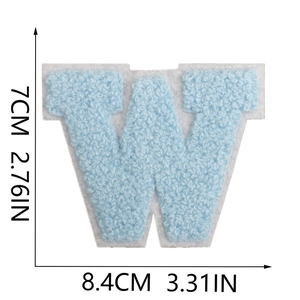 Detail of light blue chenille letter W patch with white felt border and 3D towel texture