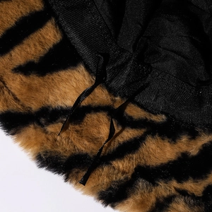 Brown zebra pattern plush bucket hat with warm faux fur material and adjustable drawstring