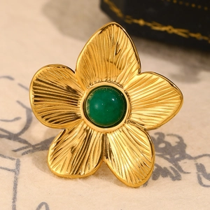Flower Open Ring 18K Gold Plated Stainless Steel With Green Stone Vintage Adjustable Oversized Jewelry For Women