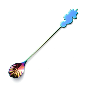 Rainbow plated stainless steel shell-shaped dessert spoon with creative unicorn handle