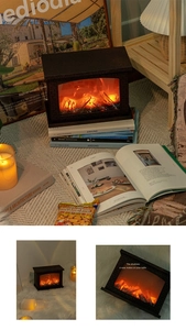 Macro detail of a LED fireplace lantern with dynamic flame effect and warm orange lighting