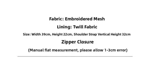 Detailed size chart for lace daisy canvas bag with material specs and zip closure details