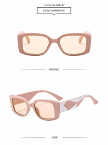 Vertical view of beige champagne square sunglasses showing front and side frame details