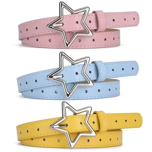 Women Kids Thin PU Leather Belt With Alloy Star Buckle Star Perforated Fashionable Waistband For Dresses Jeans