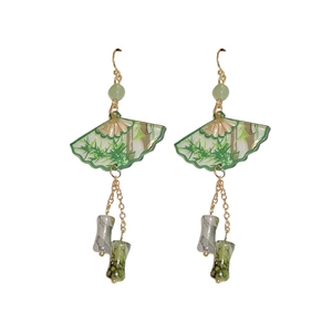 Bamboo fan earrings with green pattern and marble bead dangles on white background
