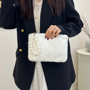 Elegant white plush square handbag with pearl handle and stylish metal clasp