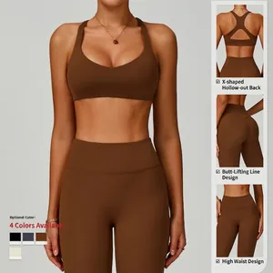 Ensemble de sport pour femmes avec brassière à dos en X et legging de yoga café