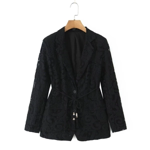 Women's black lace blazer suit set featuring hollow-out lace texture and waist drawstring