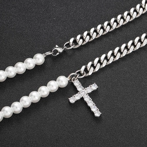8mm stainless steel Cuban chain and pearl necklace with iced-out cross pendant