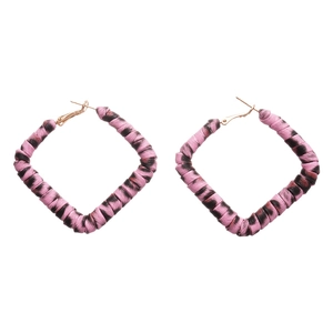 Retro geometric square hoop earrings featuring pink leopard print leather textures