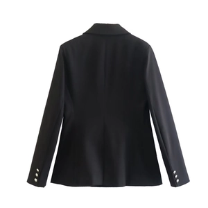 Detail view of the back of a black women's blazer with silver buttons on the sleeve cuffs