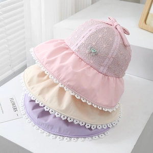 Lace floral sun hats for girls with cute bows and heart detail in pink, beige and purple
